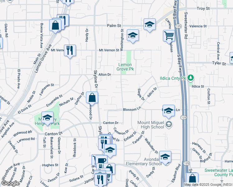 map of restaurants, bars, coffee shops, grocery stores, and more near 1950 Washington Street in Lemon Grove