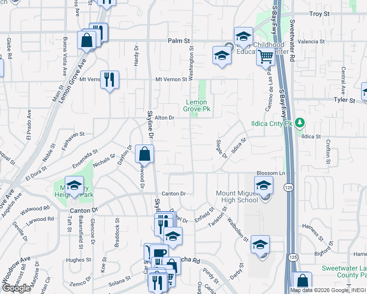 map of restaurants, bars, coffee shops, grocery stores, and more near 1950 Washington Street in Lemon Grove