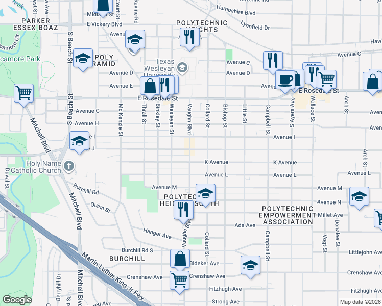 map of restaurants, bars, coffee shops, grocery stores, and more near 1801 Vaughn Boulevard in Fort Worth