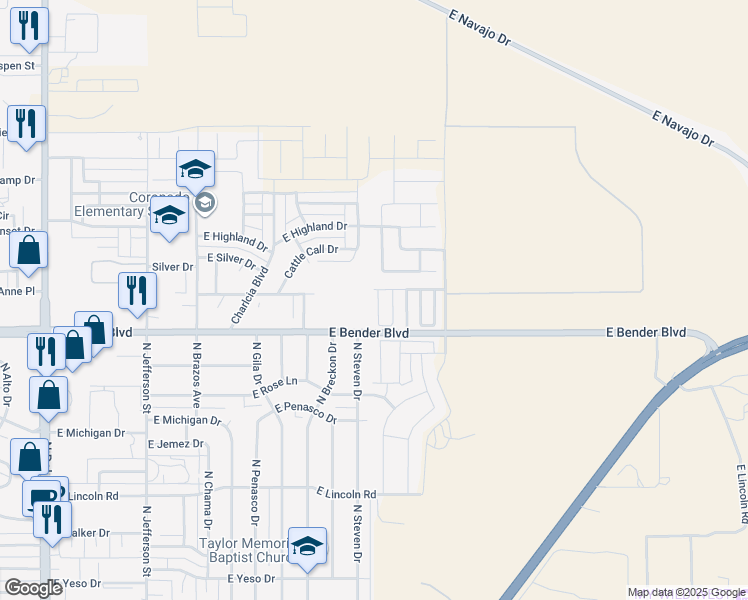 map of restaurants, bars, coffee shops, grocery stores, and more near 2319 North Mimosa Lane in Hobbs