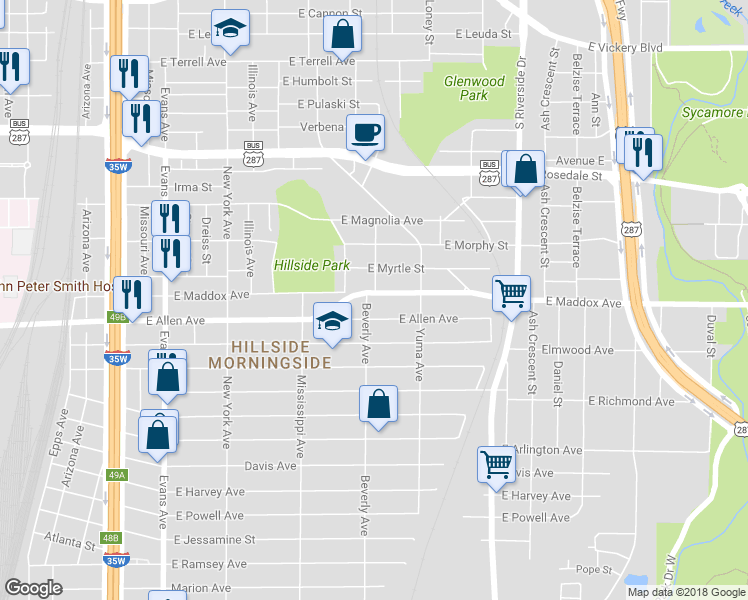 map of restaurants, bars, coffee shops, grocery stores, and more near 1304 East Maddox Avenue in Fort Worth