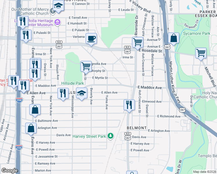 map of restaurants, bars, coffee shops, grocery stores, and more near 1420 East Maddox Avenue in Fort Worth