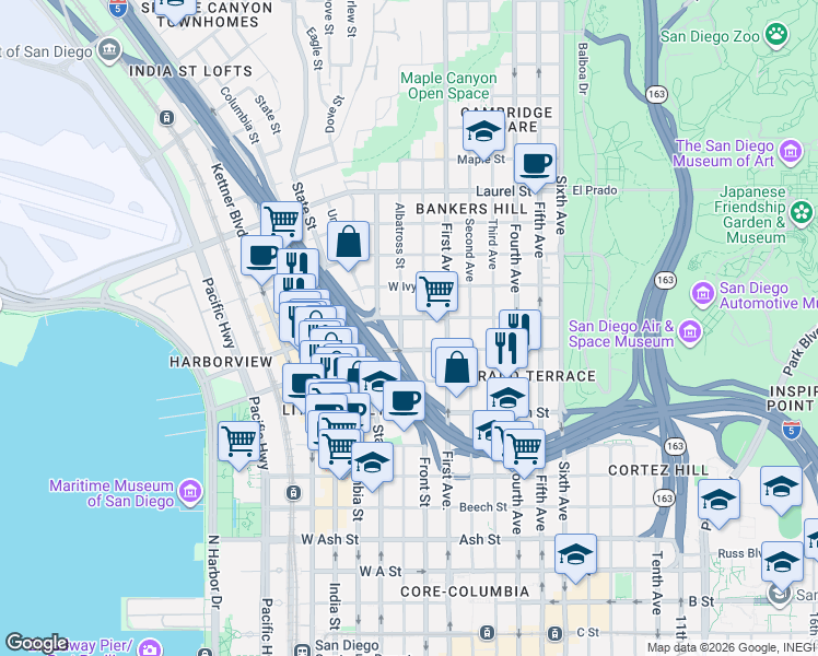 map of restaurants, bars, coffee shops, grocery stores, and more near 2055 Albatross Street in San Diego
