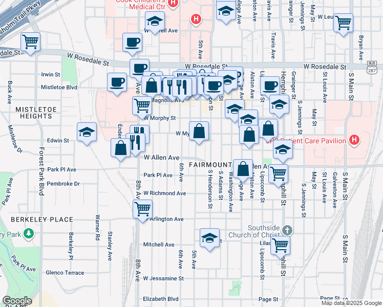 map of restaurants, bars, coffee shops, grocery stores, and more near 1630 5th Avenue in Fort Worth