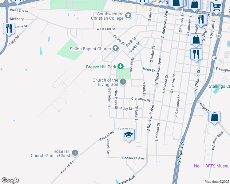 map of restaurants, bars, coffee shops, grocery stores, and more near 516 New Hope Street in Terrell