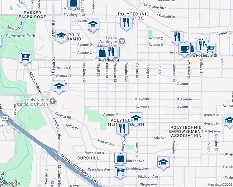 map of restaurants, bars, coffee shops, grocery stores, and more near 3100 Avenue J in Fort Worth