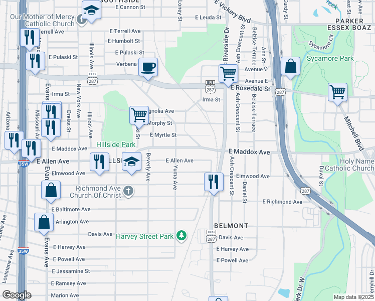 map of restaurants, bars, coffee shops, grocery stores, and more near 1420 East Maddox Avenue in Fort Worth