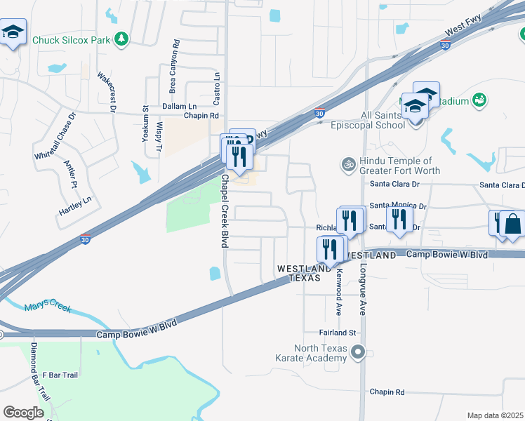 map of restaurants, bars, coffee shops, grocery stores, and more near 10109 Chapel Rock Drive in Fort Worth