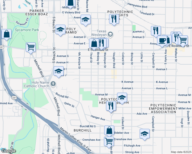 map of restaurants, bars, coffee shops, grocery stores, and more near 2916 Avenue J in Fort Worth