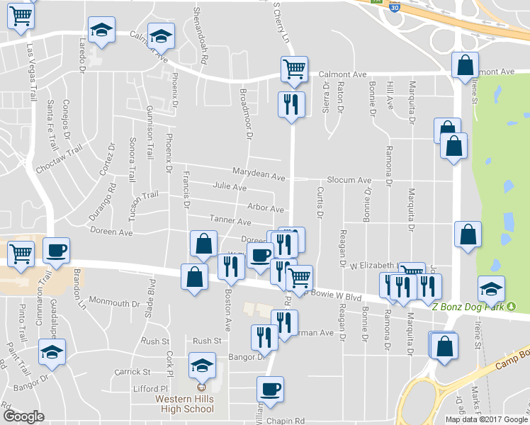 map of restaurants, bars, coffee shops, grocery stores, and more near 8005 Arbor Avenue in Fort Worth