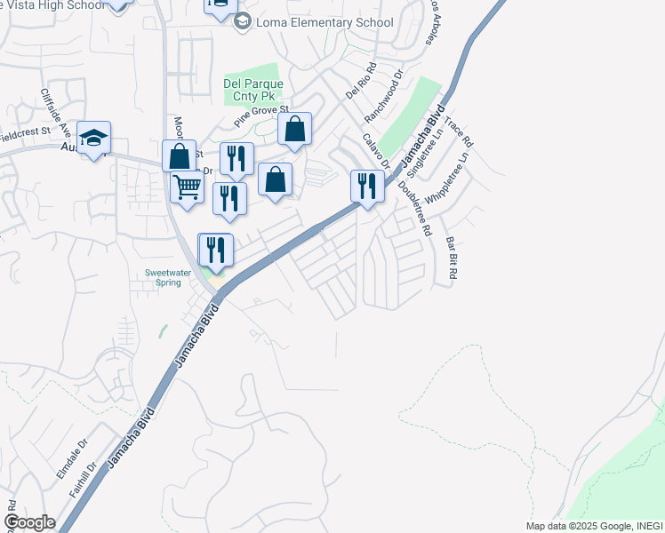 map of restaurants, bars, coffee shops, grocery stores, and more near 10707 Jamacha Boulevard in Spring Valley