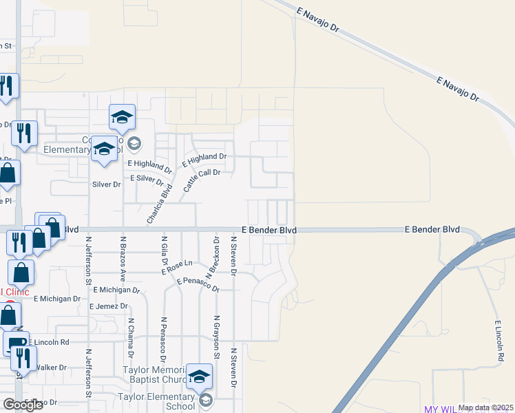 map of restaurants, bars, coffee shops, grocery stores, and more near 2326 North Desert Willow Lane in Hobbs