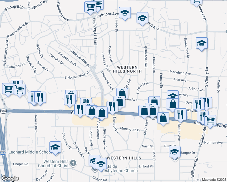 map of restaurants, bars, coffee shops, grocery stores, and more near 3215 Cortez Drive in Fort Worth