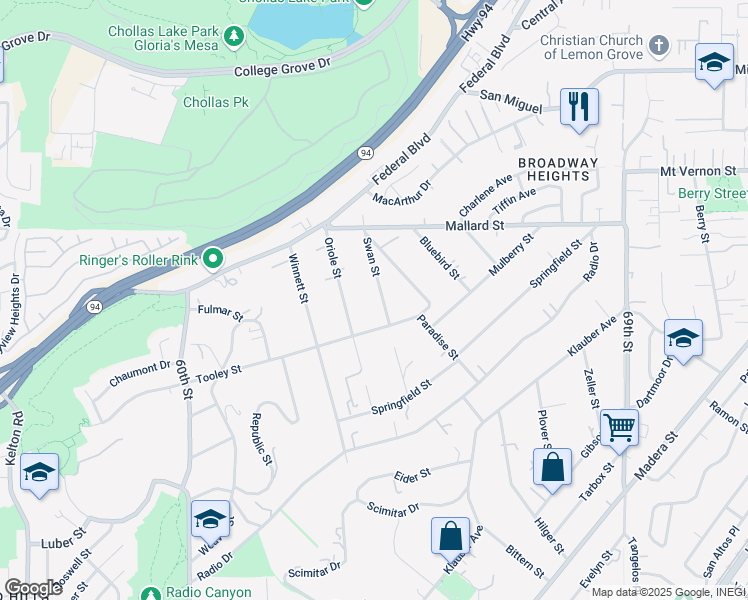 map of restaurants, bars, coffee shops, grocery stores, and more near 2012 Swan Street in San Diego
