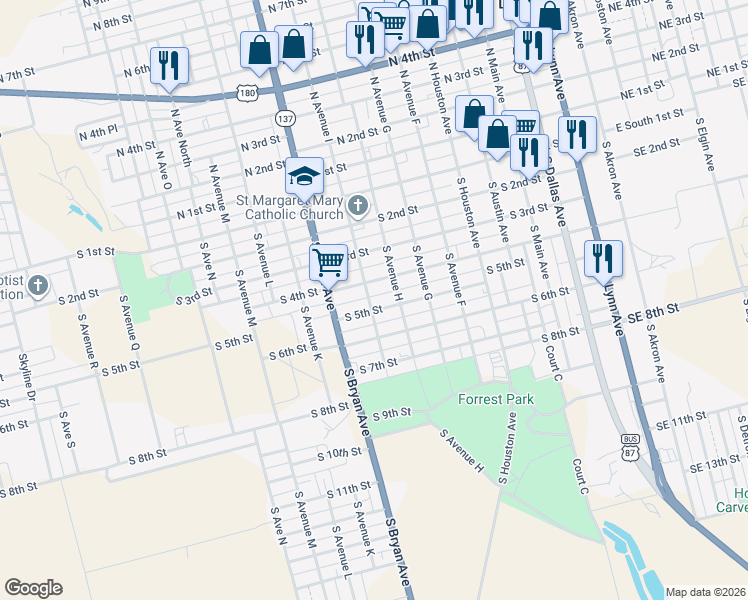map of restaurants, bars, coffee shops, grocery stores, and more near 505 South Avenue I in Lamesa