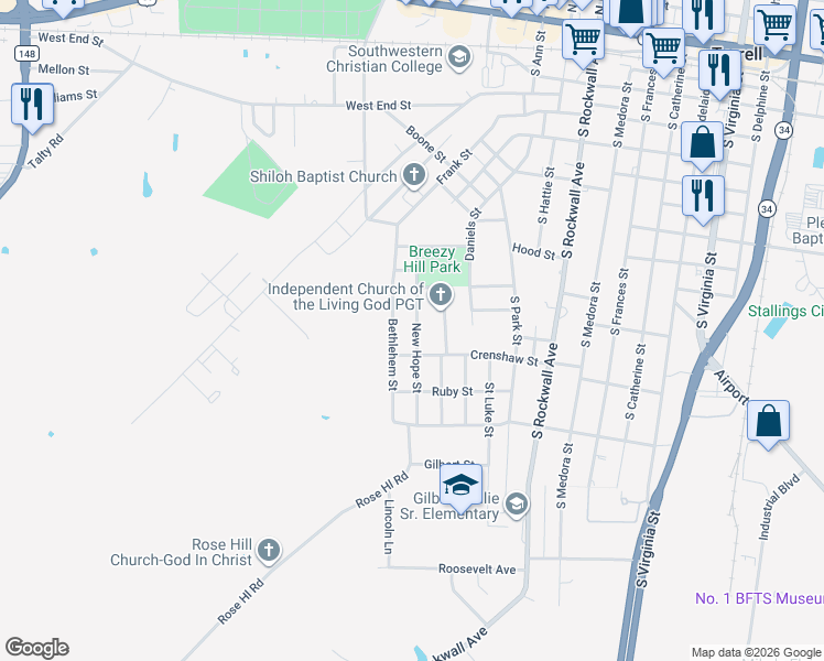 map of restaurants, bars, coffee shops, grocery stores, and more near 516 New Hope Street in Terrell