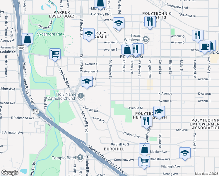 map of restaurants, bars, coffee shops, grocery stores, and more near 2740 Avenue J in Fort Worth