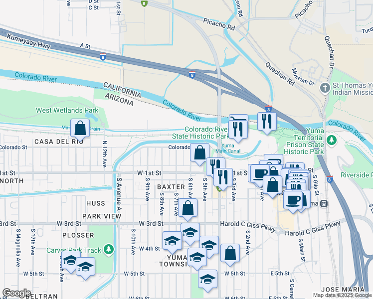 map of restaurants, bars, coffee shops, grocery stores, and more near 163 North 6th Avenue in Yuma