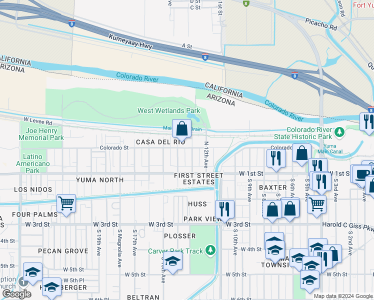 map of restaurants, bars, coffee shops, grocery stores, and more near 1301-1349 Colorado St in Yuma