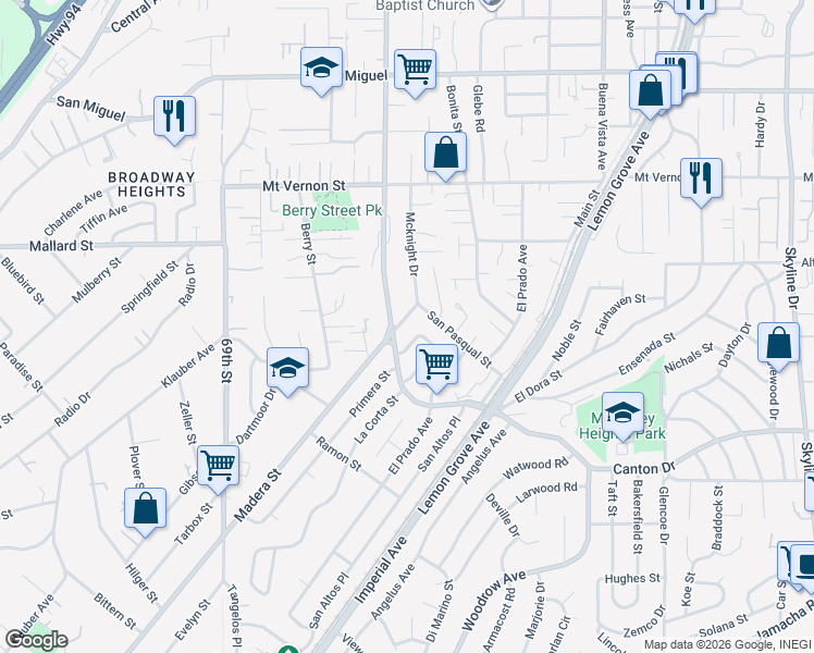 map of restaurants, bars, coffee shops, grocery stores, and more near 2025 Madera Street in Lemon Grove