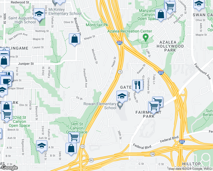 map of restaurants, bars, coffee shops, grocery stores, and more near 2051 Haller Street in San Diego