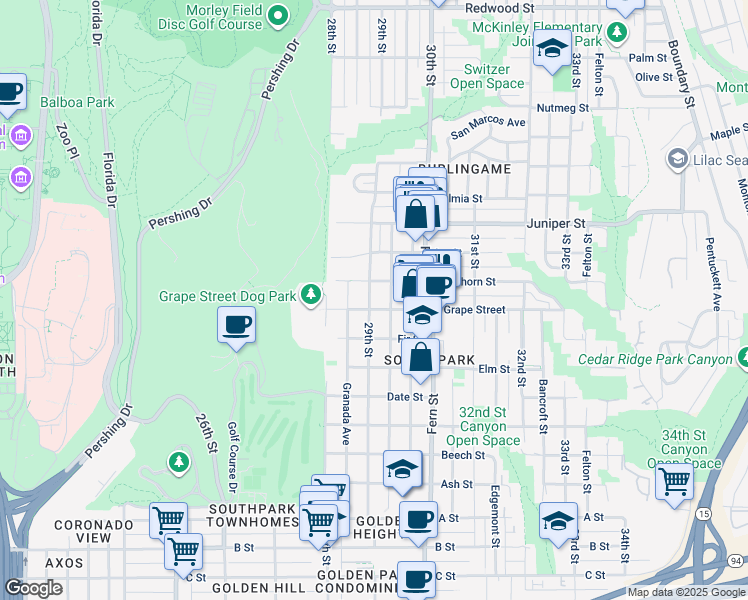 map of restaurants, bars, coffee shops, grocery stores, and more near 2016 29th Street in San Diego