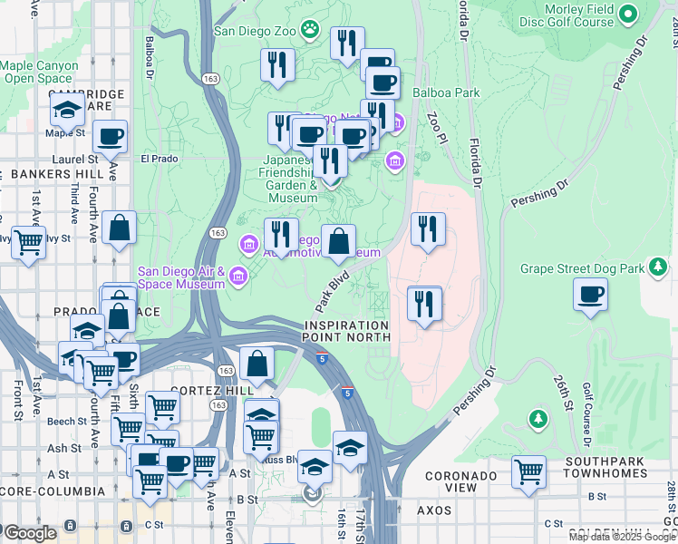 map of restaurants, bars, coffee shops, grocery stores, and more near 2100 Park Blvd in San Diego