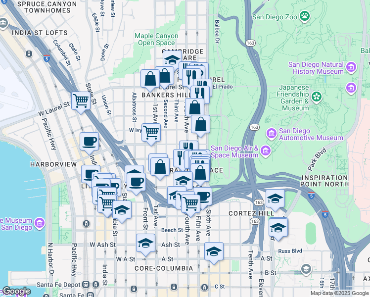 map of restaurants, bars, coffee shops, grocery stores, and more near 2072 Third Avenue in San Diego