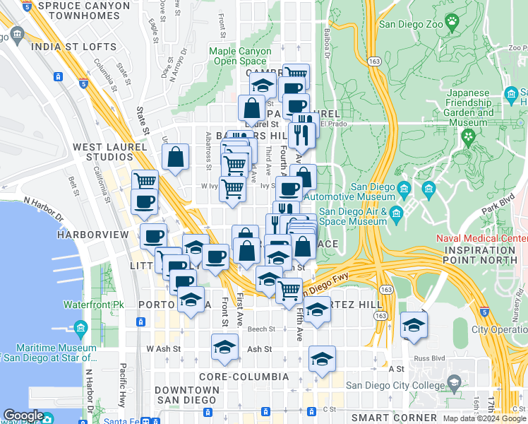 map of restaurants, bars, coffee shops, grocery stores, and more near 2072 Third Avenue in San Diego