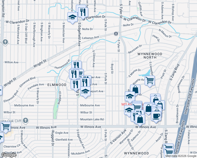 map of restaurants, bars, coffee shops, grocery stores, and more near 1134 Brunner Avenue in Dallas