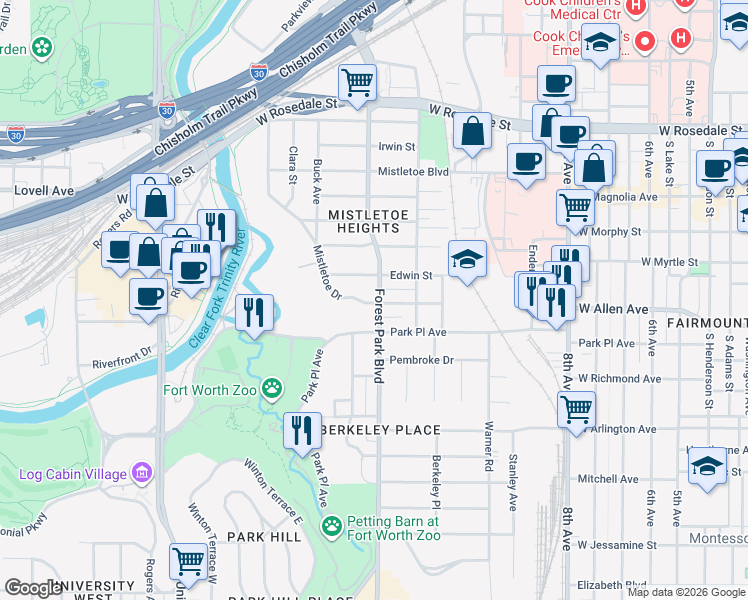 map of restaurants, bars, coffee shops, grocery stores, and more near 2301 Mistletoe Drive in Fort Worth