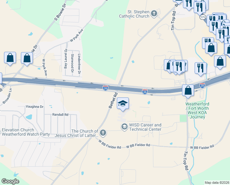 map of restaurants, bars, coffee shops, grocery stores, and more near 2100 Bethel Road in Weatherford