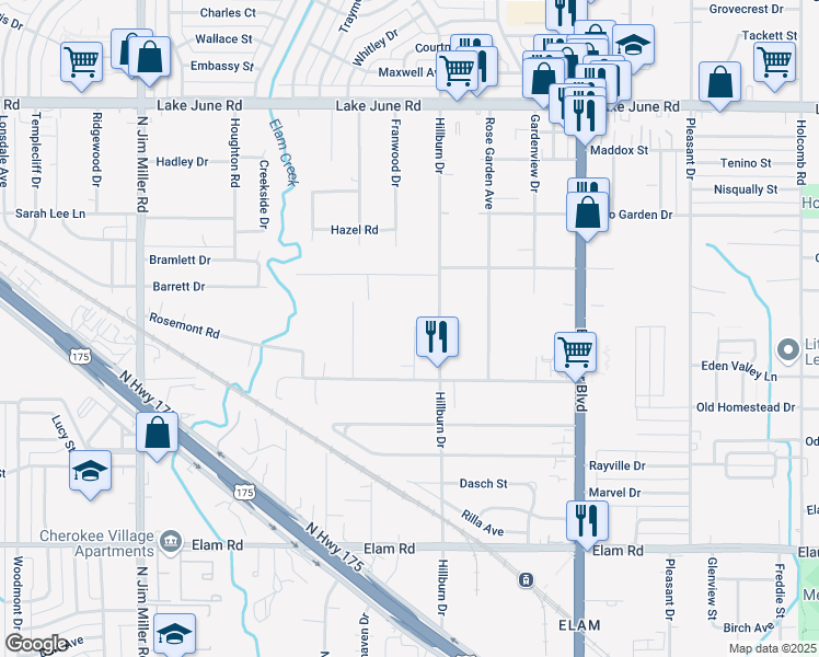 map of restaurants, bars, coffee shops, grocery stores, and more near 843 Pilot Drive in Dallas