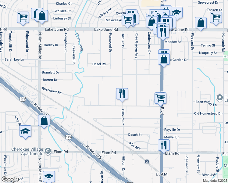 map of restaurants, bars, coffee shops, grocery stores, and more near 843 Pilot Drive in Dallas