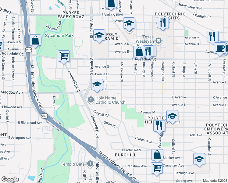 map of restaurants, bars, coffee shops, grocery stores, and more near 2720 Avenue J in Fort Worth