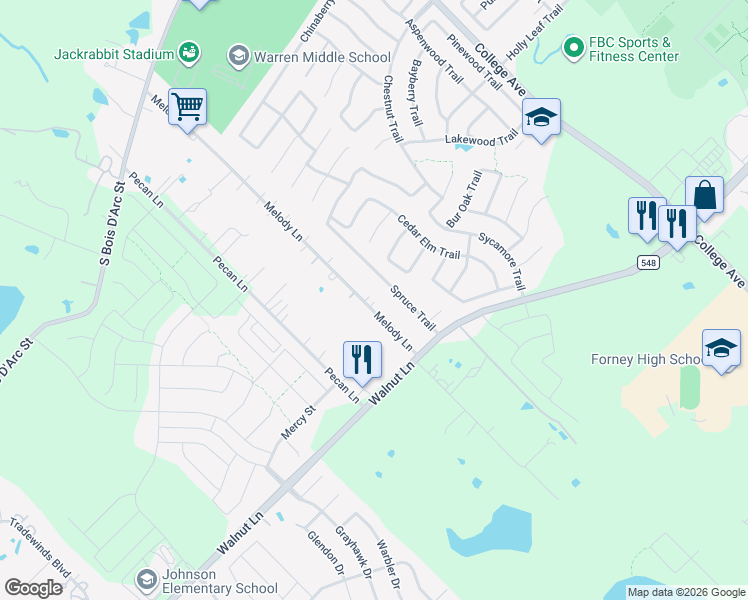 map of restaurants, bars, coffee shops, grocery stores, and more near 14787 Melody Lane in Forney