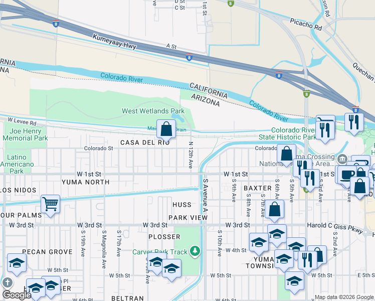 map of restaurants, bars, coffee shops, grocery stores, and more near 192 North 12th Avenue in Yuma