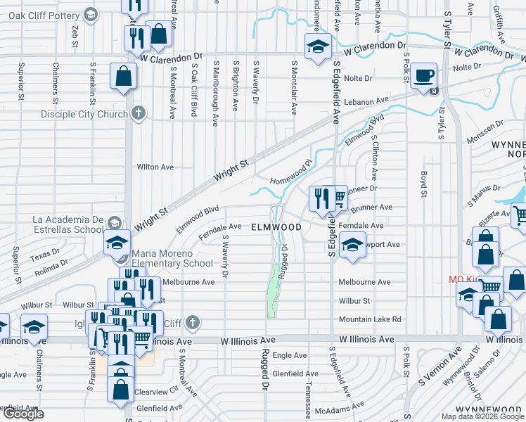 map of restaurants, bars, coffee shops, grocery stores, and more near 1714 Elmwood Boulevard in Dallas