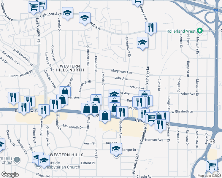 map of restaurants, bars, coffee shops, grocery stores, and more near 8120 Tanner Avenue in Fort Worth