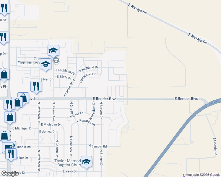 map of restaurants, bars, coffee shops, grocery stores, and more near 2327 North Desert Willow Lane in Hobbs