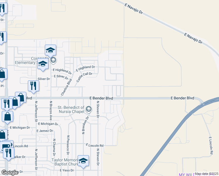map of restaurants, bars, coffee shops, grocery stores, and more near 2330 North Desert Willow Lane in Hobbs