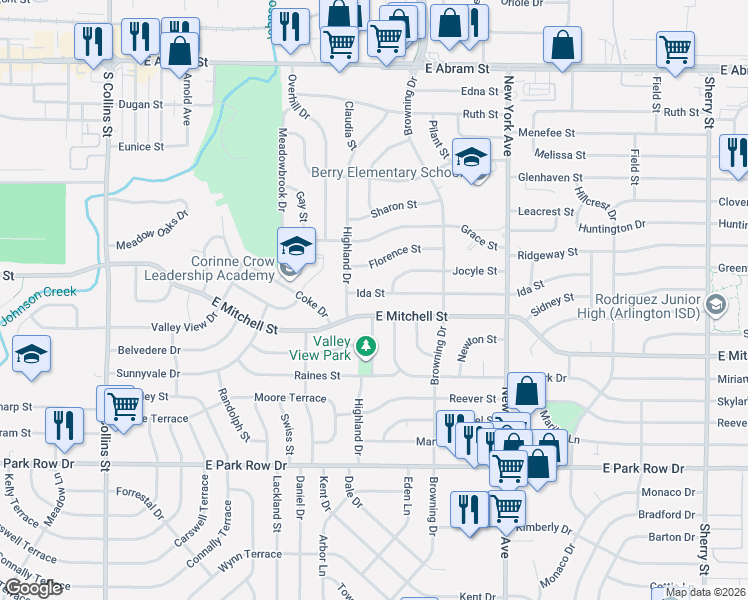 map of restaurants, bars, coffee shops, grocery stores, and more near 1616 Ida Street in Arlington