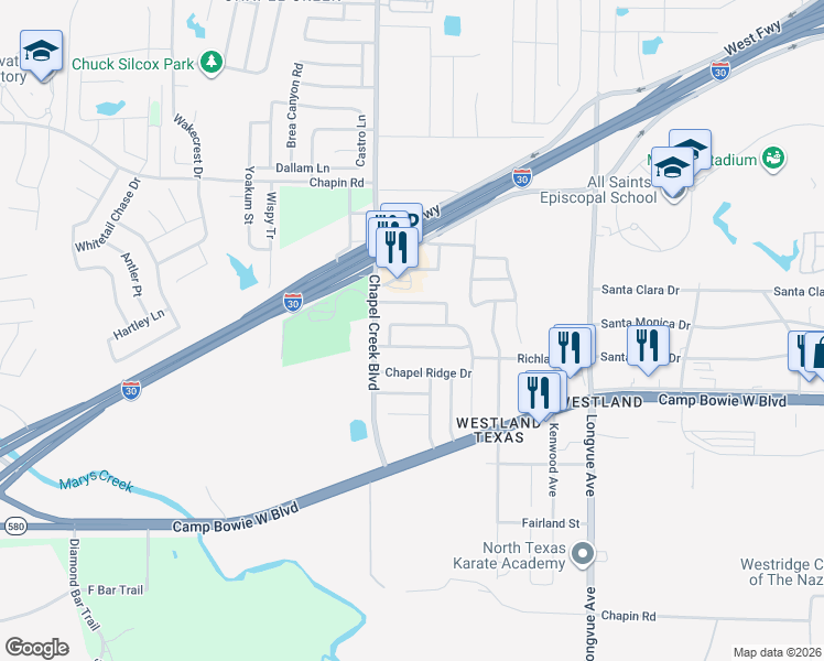 map of restaurants, bars, coffee shops, grocery stores, and more near 10129 Chapel Rock Drive in Fort Worth