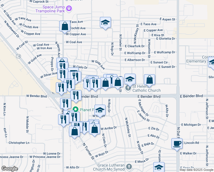 map of restaurants, bars, coffee shops, grocery stores, and more near 219 West Saint Anne Place in Hobbs