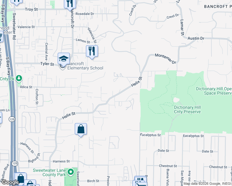 map of restaurants, bars, coffee shops, grocery stores, and more near 2326 Helix Street in Spring Valley
