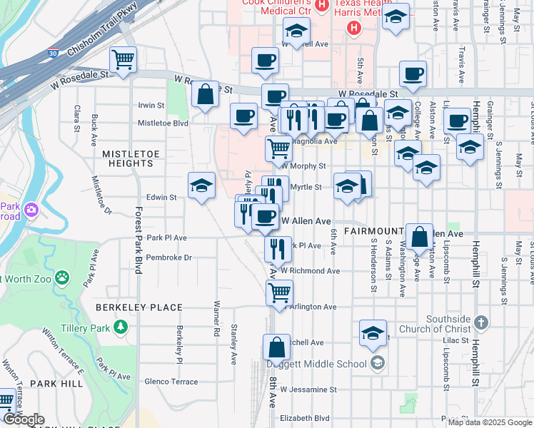 map of restaurants, bars, coffee shops, grocery stores, and more near 1622 West Allen Avenue in Fort Worth
