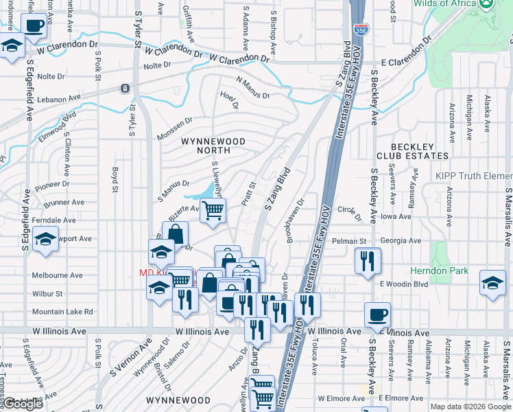map of restaurants, bars, coffee shops, grocery stores, and more near 1805 South Zang Boulevard in Dallas