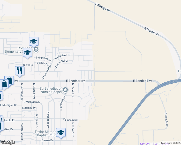 map of restaurants, bars, coffee shops, grocery stores, and more near 2327 North Mulberry Lane in Hobbs