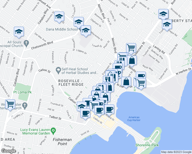 map of restaurants, bars, coffee shops, grocery stores, and more near 3225 Garrison Street in San Diego