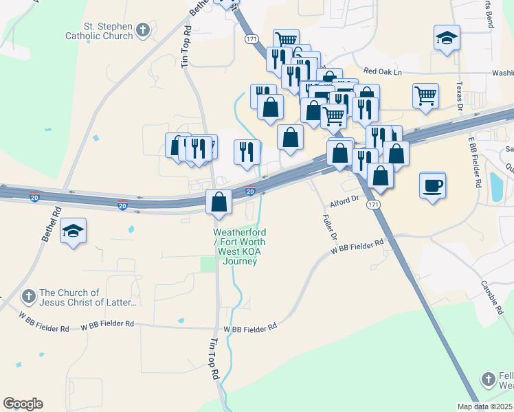 map of restaurants, bars, coffee shops, grocery stores, and more near 217 Interstate 20 in Weatherford
